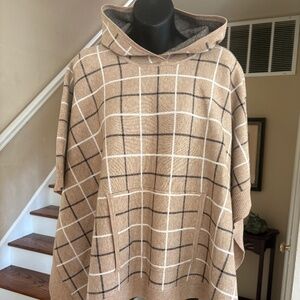 NWT Tahari Camel Windowpane Hooded Poncho Sweater Pouch Pocket Soft OS